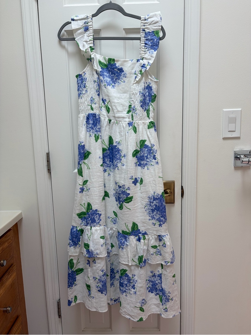 White Floral Ruffled Midi Dress with Blue Hydrangea Print - Picture 2 of 4